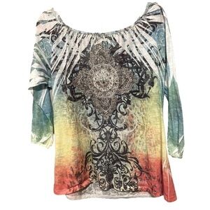 Reba Embellished Boho 3/4 Sleeve Lightweight Top Size Small Made In The USA